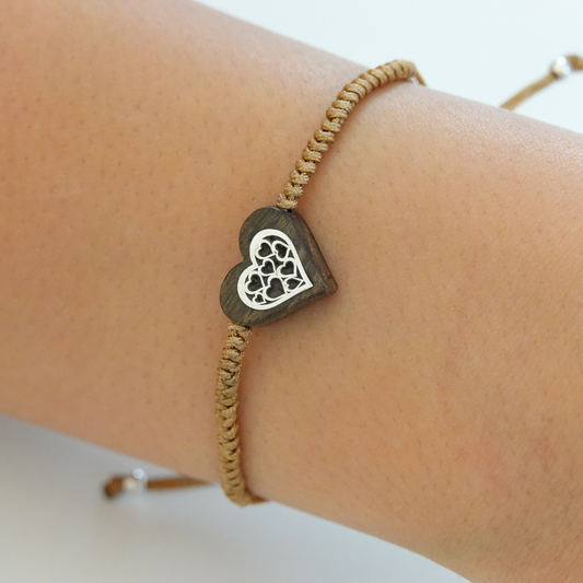 Heart Wood Charm Bracelet With Silver Sterling