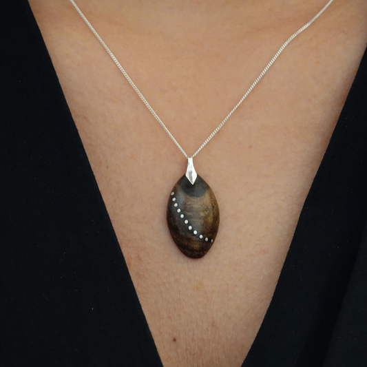 Oval wooden necklace with silver sterling