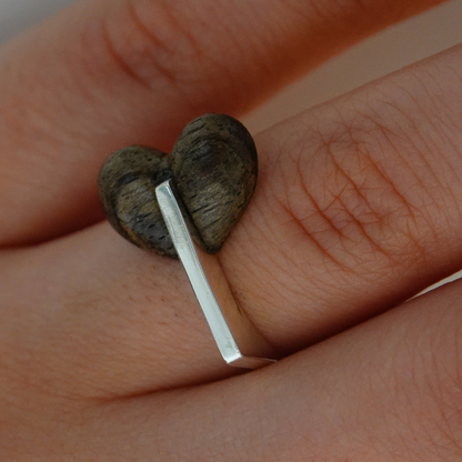 Wood Heart ring, silver and wood ring, wooden wedding ring