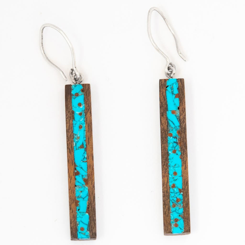 Long Walnut Wood and Turquoise Earrings