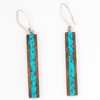 Long Walnut Wood and Turquoise Earrings