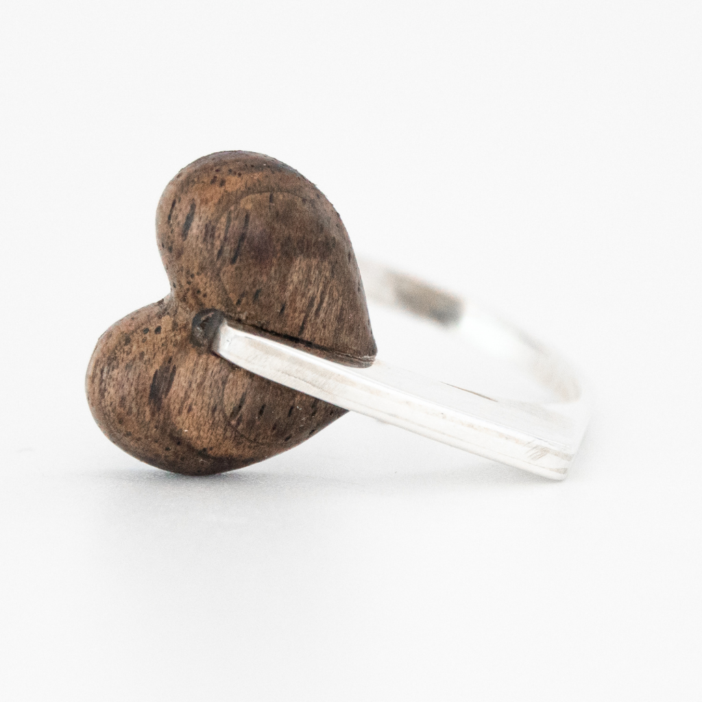 Wood Heart ring, silver and wood ring, wooden wedding ring