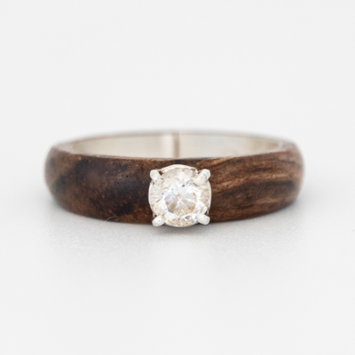 Walnut bentwood ring with a zircon stone, Walnut Wood Ring, wood ring for women, bentwood ring for women