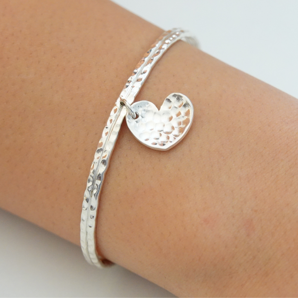 925 Sterling Silver Hammered Stacking Bangle Charm Bracelet