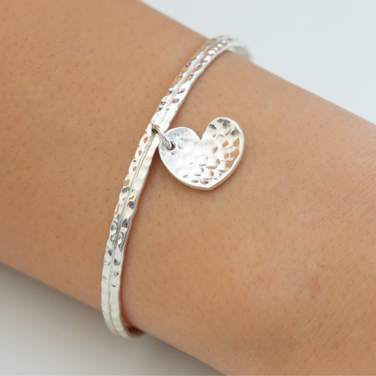 925 Sterling Silver Hammered Stacking Bangle Charm Bracelet