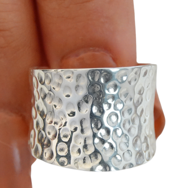 Hammered Sterling Silver Handmade Wide Band Ring, Classic Shiny Finish Wrap Band